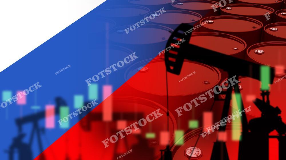 На изображении изображены силуэты нефтяных качалок и бочек с нефтью на фоне российского флага и графика рыночных колебаний. Фотография символизирует влияние нефтяного сектора на экономику России и роль энергетических ресурсов на мировом рынке.